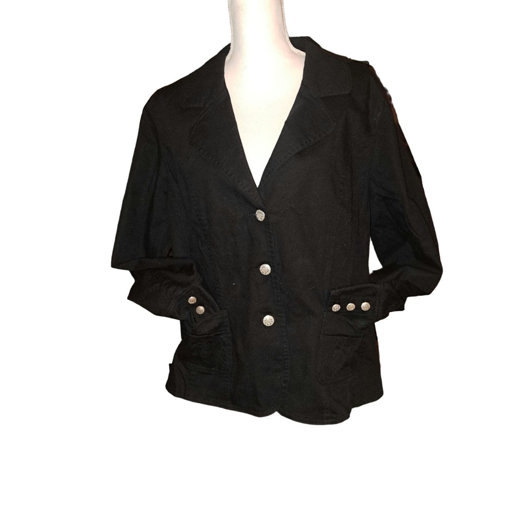 NWT-Denim & Co Sz L Black Stretch Denim Blazer with Silver Flowered Buttons